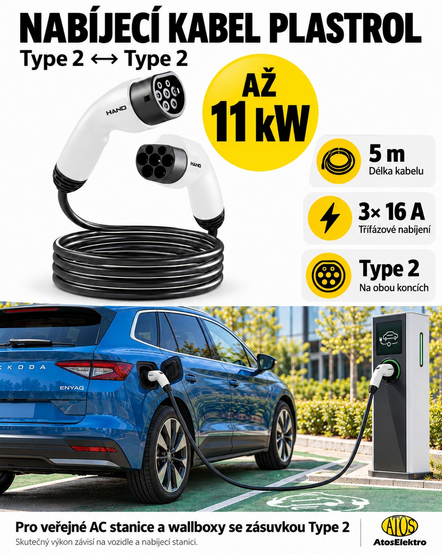 Třífázový nabíjecí kabel pro elektromobily Plastrol Type 2, 11 kW, 16 A, délka 5 m s konektory Mennekes a taškou.
